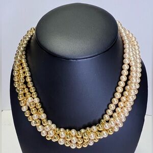 Vintage Trifari© Necklace 17” Choker 4-Strand Faux Pearls & Gold Tone Beads